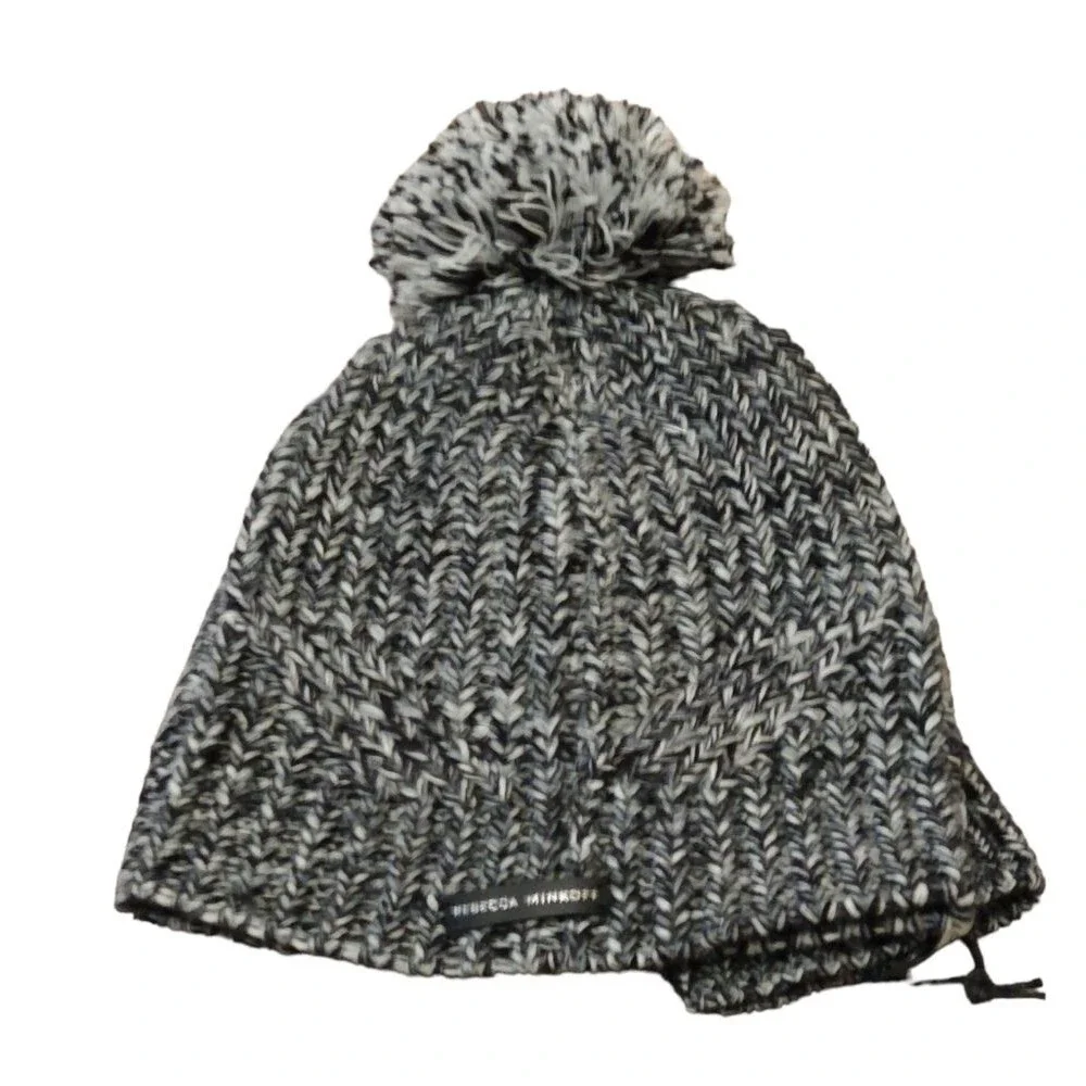 NWT Rebecca Minkoff Knit Hat and Hand Warmers, Black and White with Pom Pom